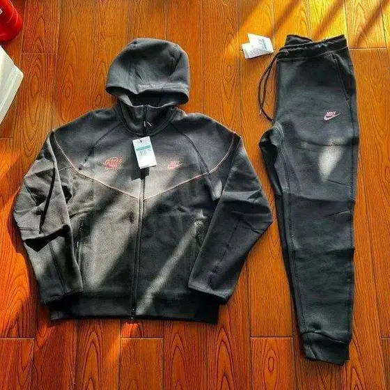 Nike Tech Fleece Tracksuit Black Pink Embroidered Zip Hoodie