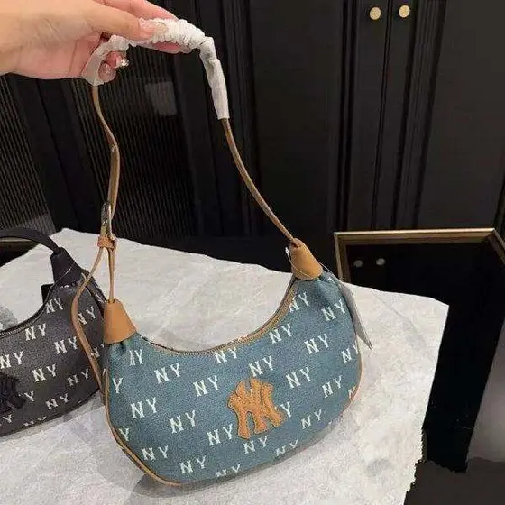 MLB NY Denim Monogram Hobo Crescent Bag